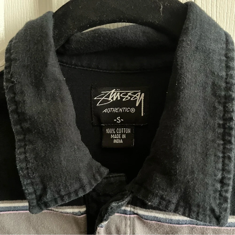 Stussy Men's Black and Gray Striped Polo Shirt
